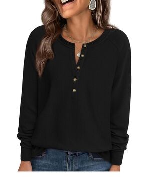 NWT PrettyGarden Classic Black Waffle Henley Long-Sleeve Top